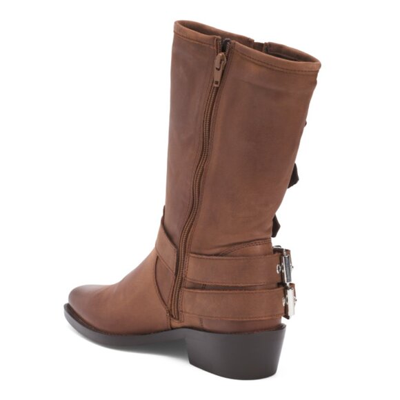 ATELIER Cognac Leather Steffie Mid Calf Motorcycle Boots - Picture 2 of 2